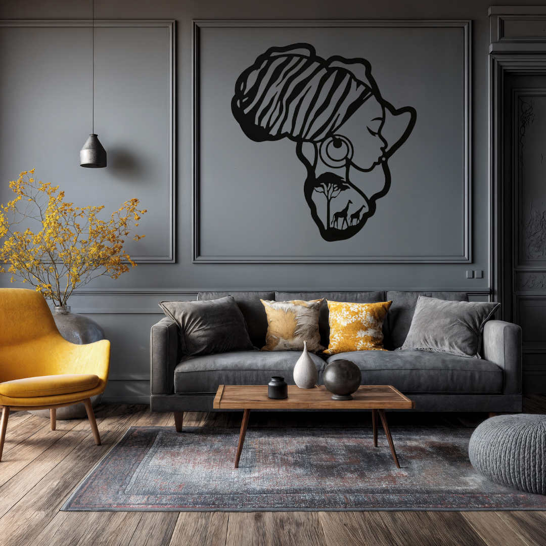 Heritage of Africa | African Woman Metal Wall Art mounted above a contemporary sofa in a stylish modern living room.