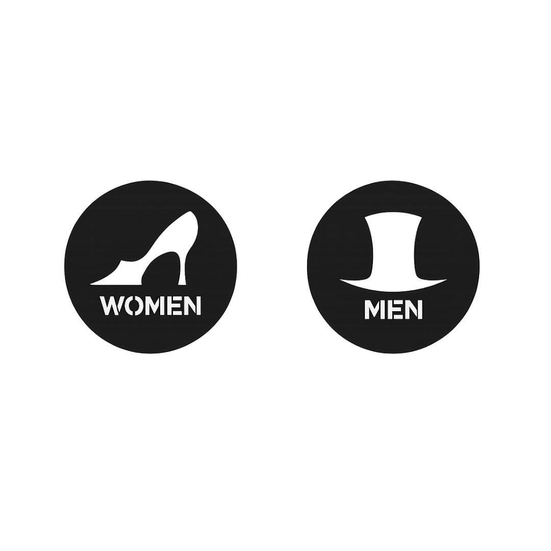 Close-up of the matching High Heel & Top Hat laser-cut metal bathroom door signs featuring women's and men's icons.