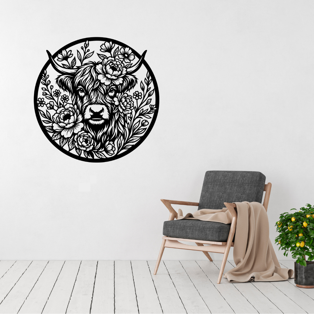 Highland cow metal wall art displayed above a contemporary chair