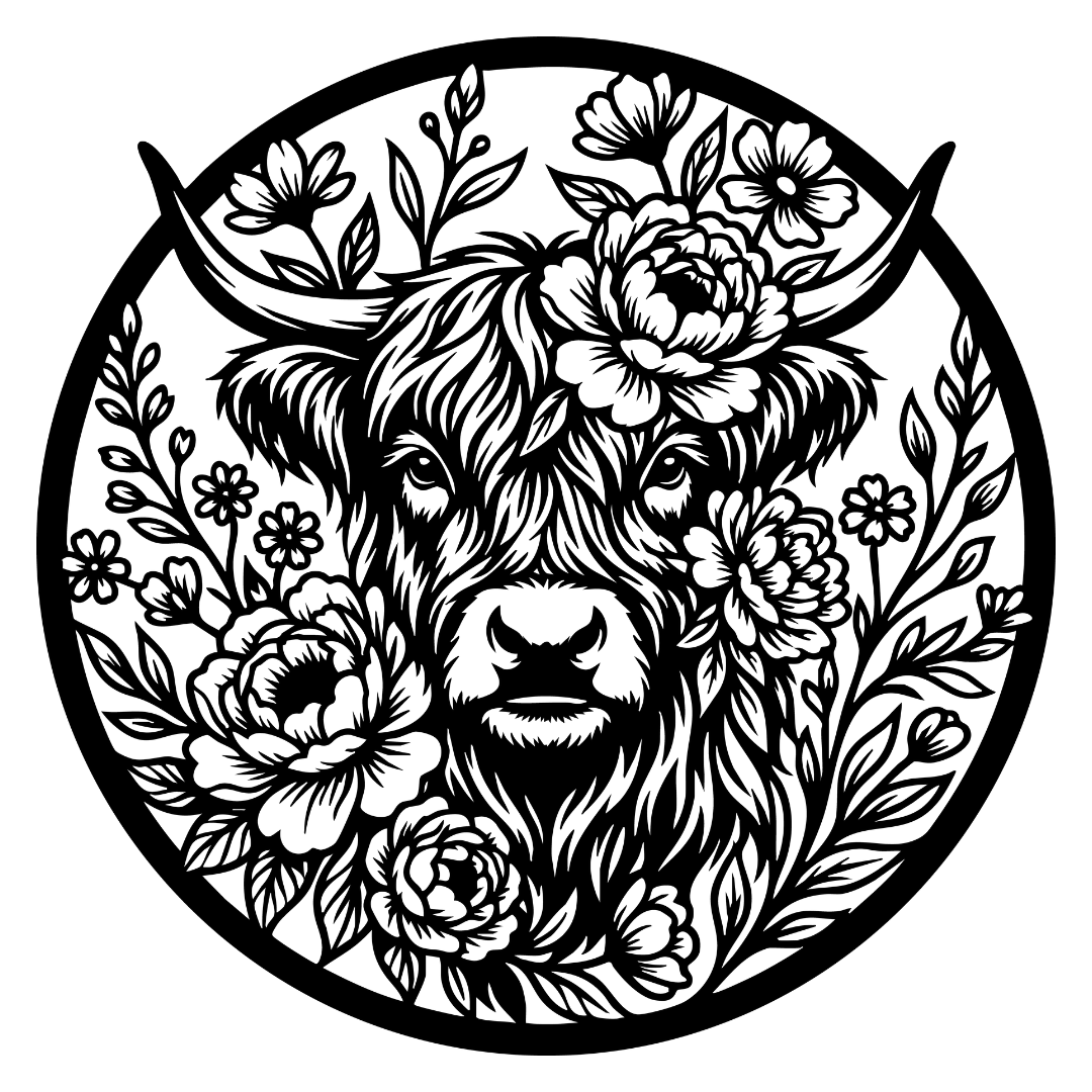 Highland cow metal wall art on white background
