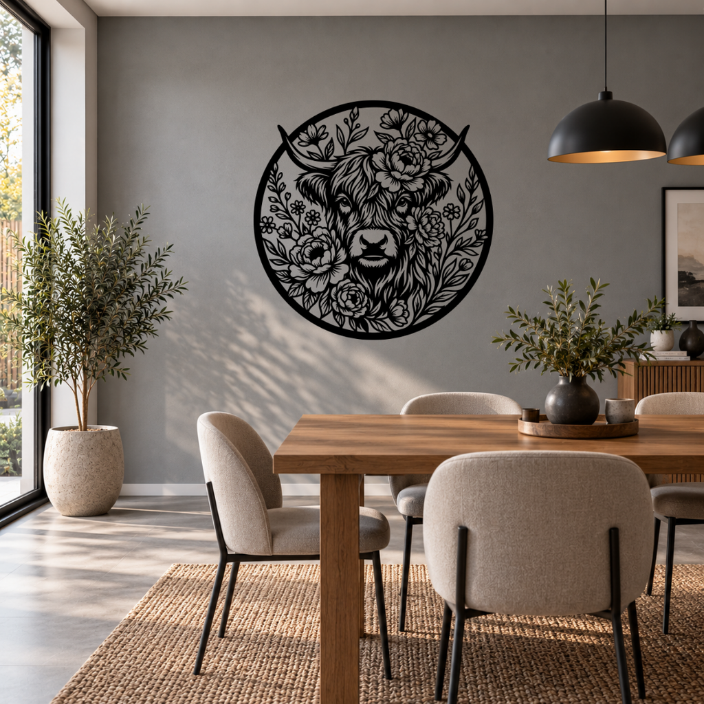 Highland cow metal wall art displayed in a modern interior