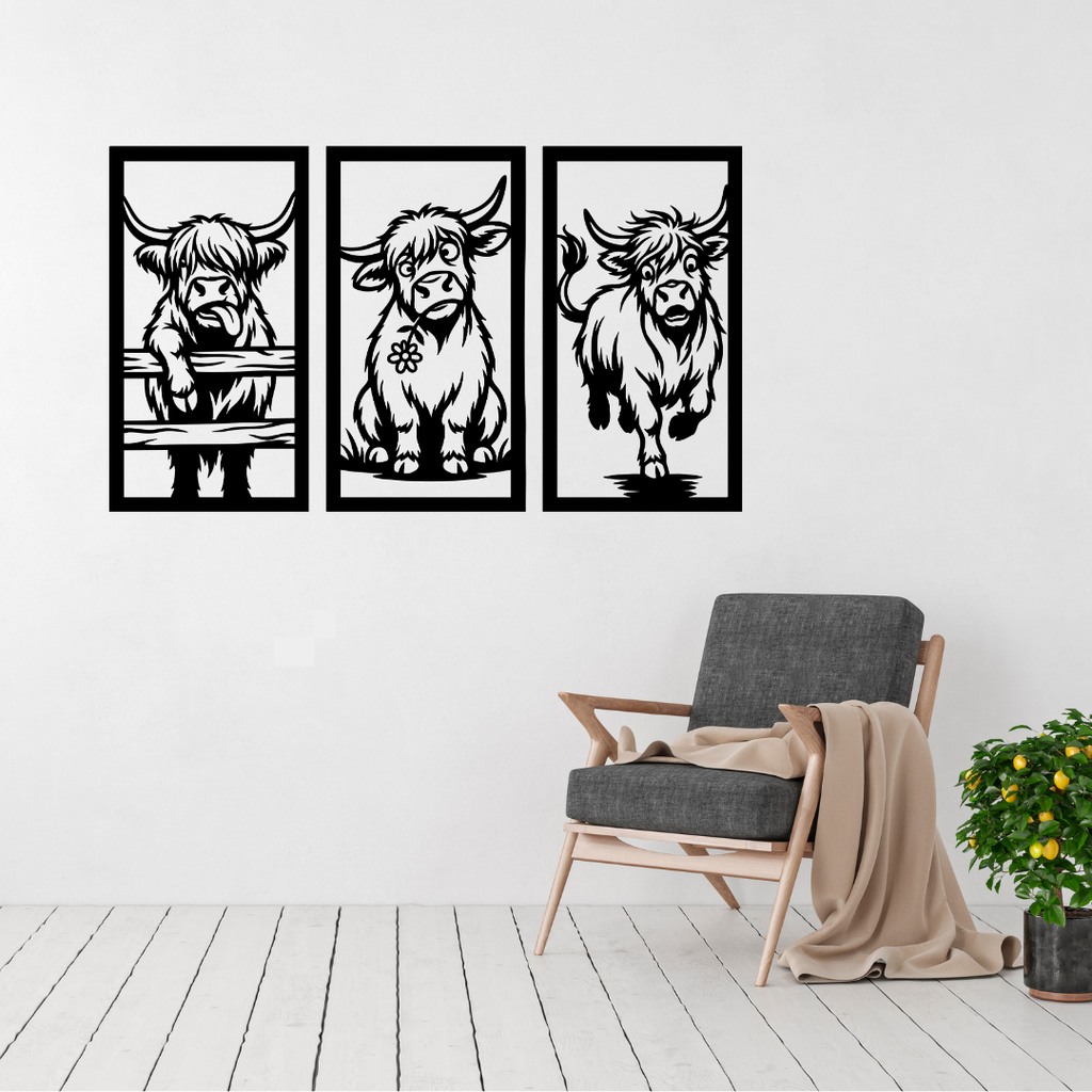 Highland Herd three piece Highland cow metal wall art displayed above a contemporary chair