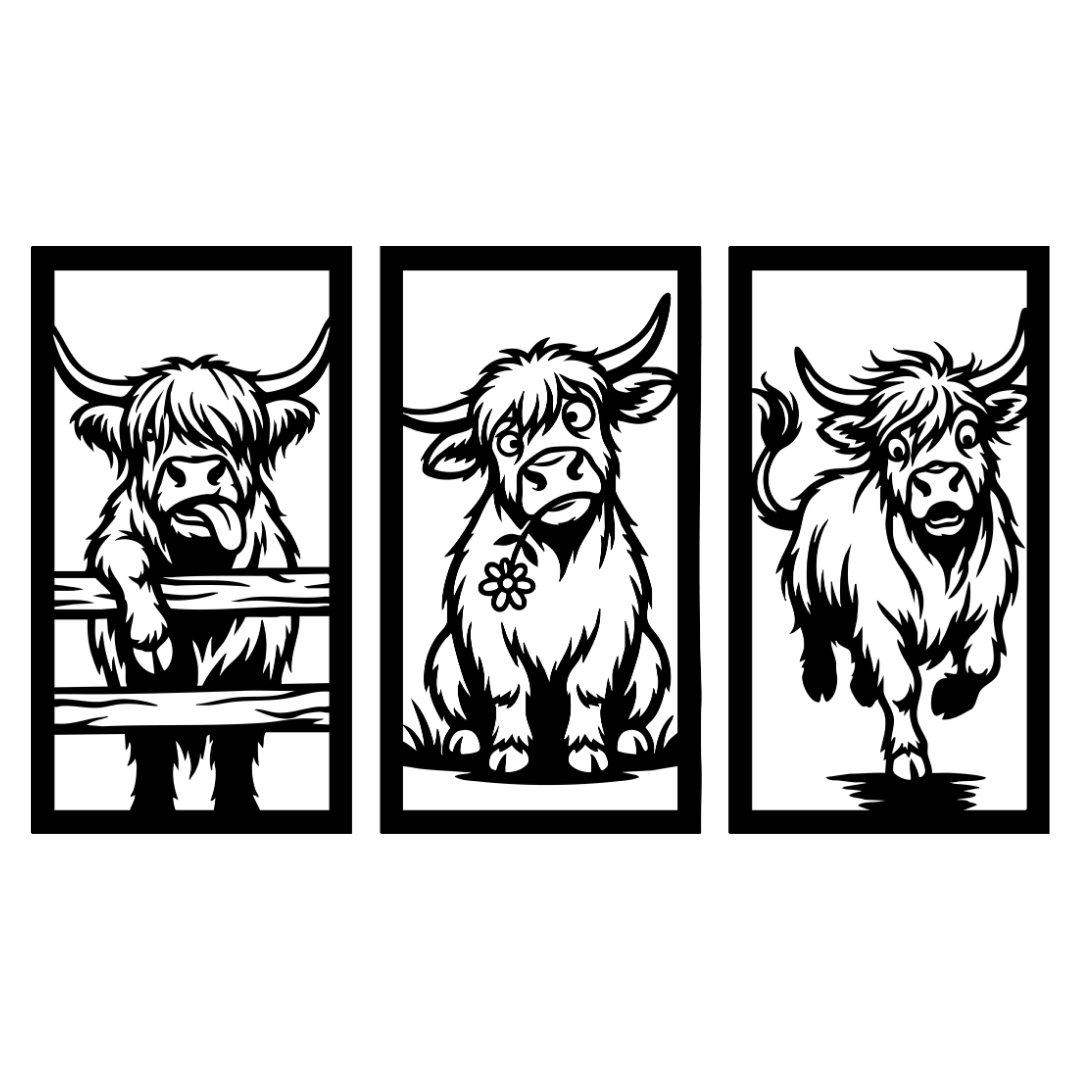 Highland Herd three piece Highland cow metal wall art set on white background