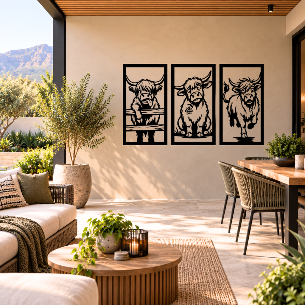 Highland Herd three piece Highland cow metal wall art displayed in a modern interior