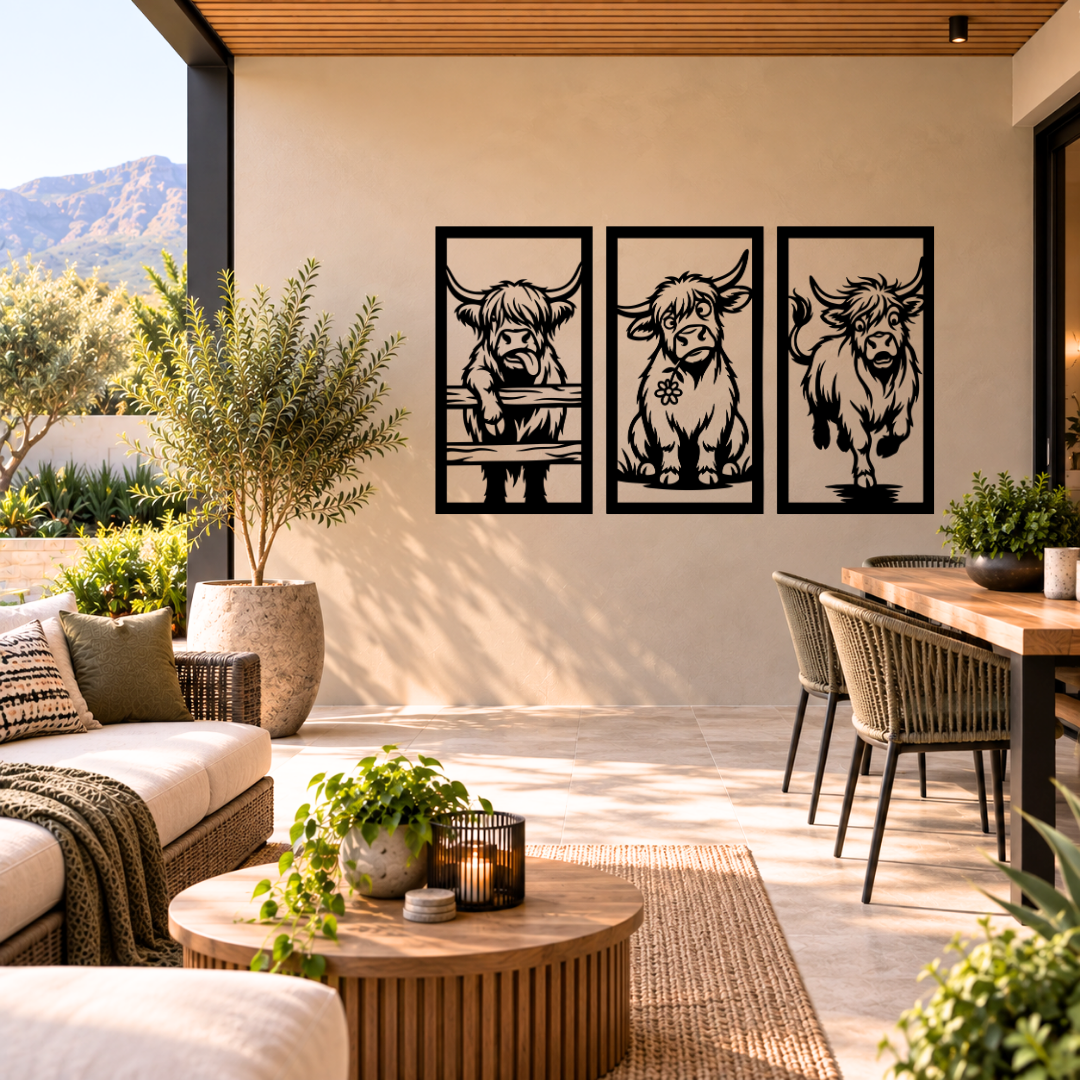 Highland Herd three piece Highland cow metal wall art displayed in a modern interior