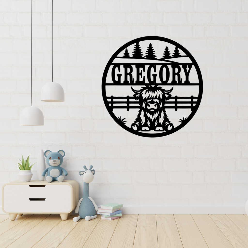 Highland cow wall art displayed in a farmhouse-inspired nursery