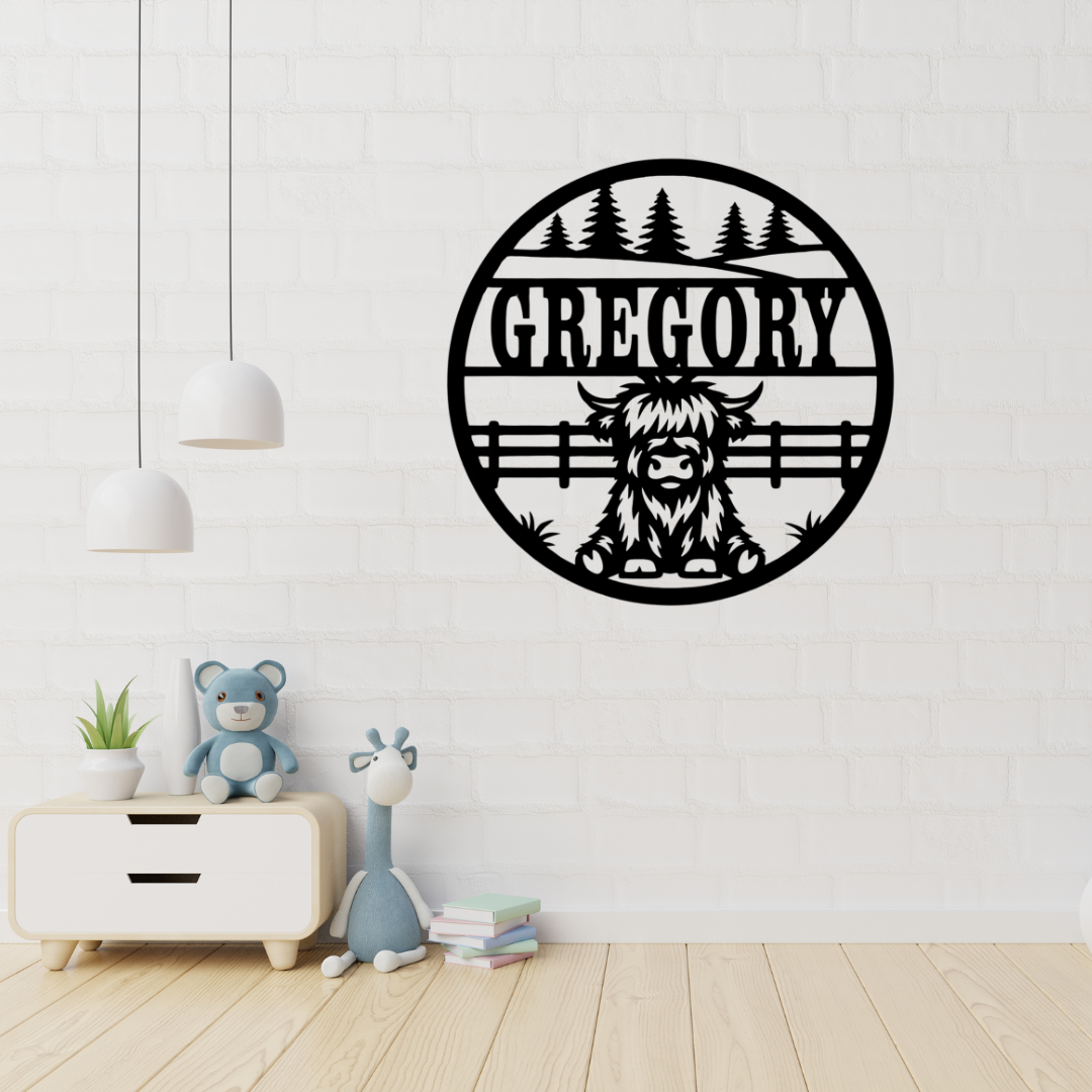 Highland cow wall art displayed in a farmhouse-inspired nursery