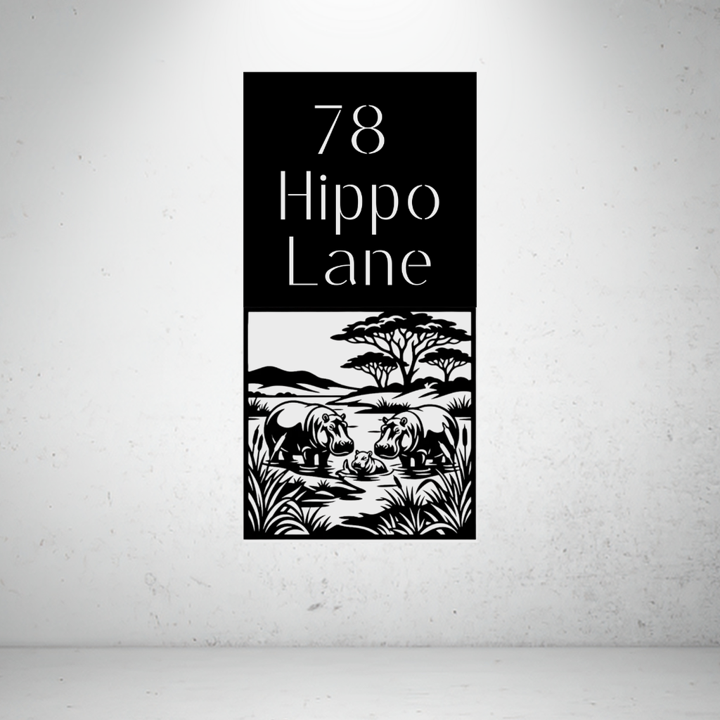 Hippo Lane personalised vertical safari metal house number sign featuring a hippo family scene.