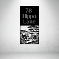 Hippo Lane personalised vertical safari metal house number sign featuring a hippo family scene.
