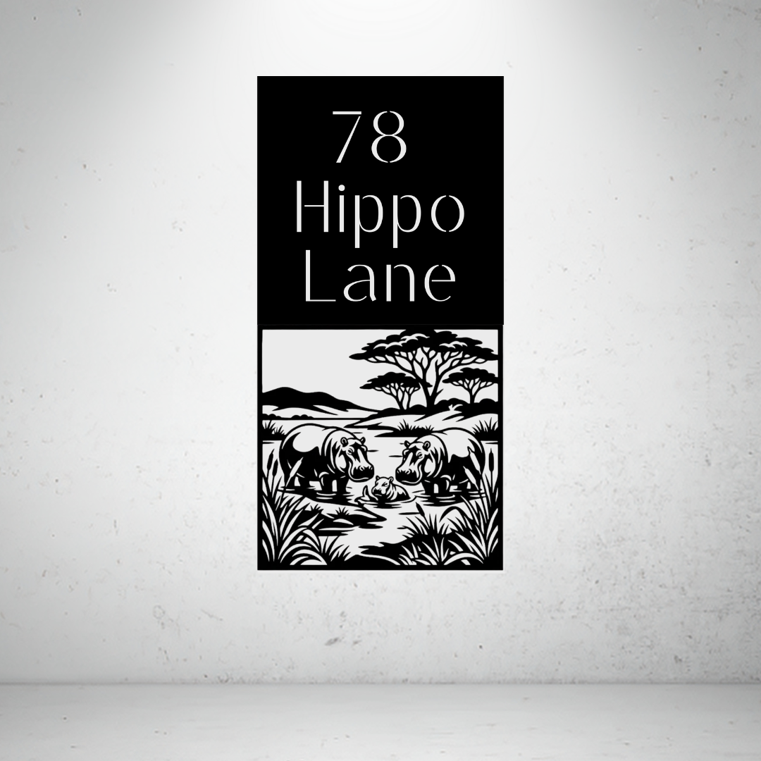 Hippo Lane personalised vertical safari metal house number sign featuring a hippo family scene.