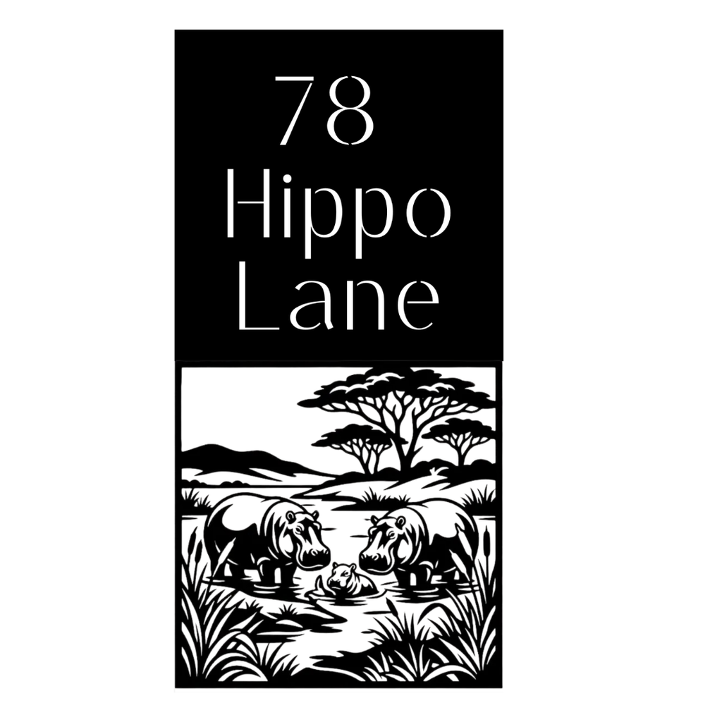 Close-up of the Hippo Lane custom laser-cut vertical metal address plaque with hippo artwork.