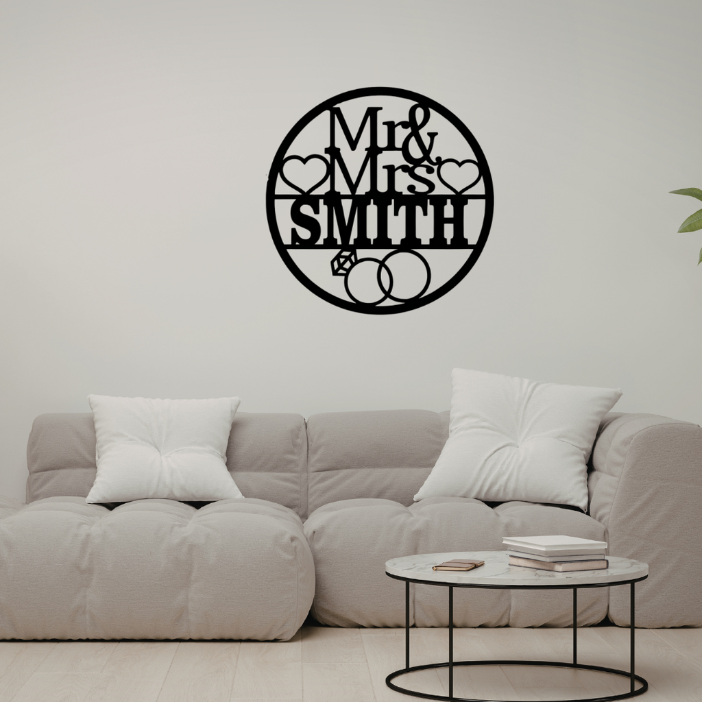 Personalised wedding metal wall sign displayed in a romantic bedroom interior