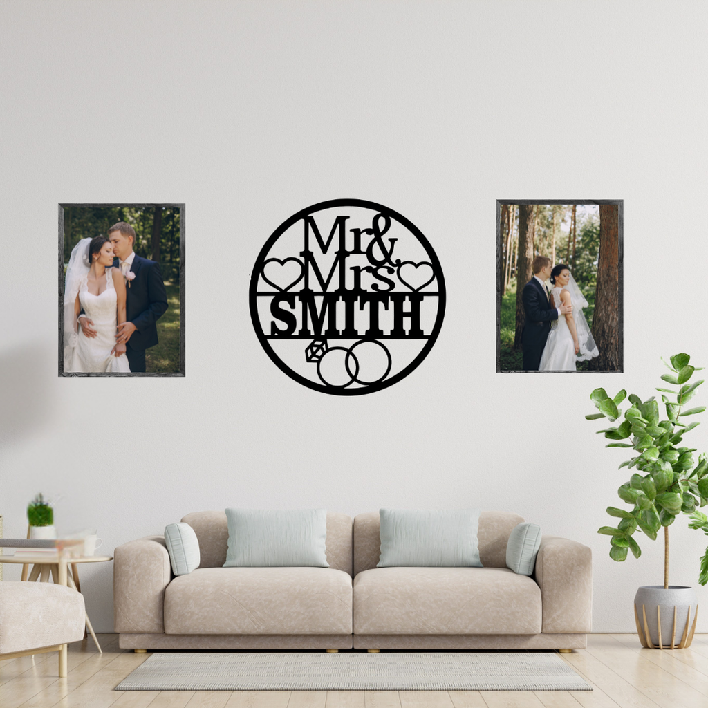 Romantic personalised couple sign styled above a modern farmhouse bed