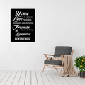 Home is Where Love Resides family metal wall art displayed in a bright modern living room.