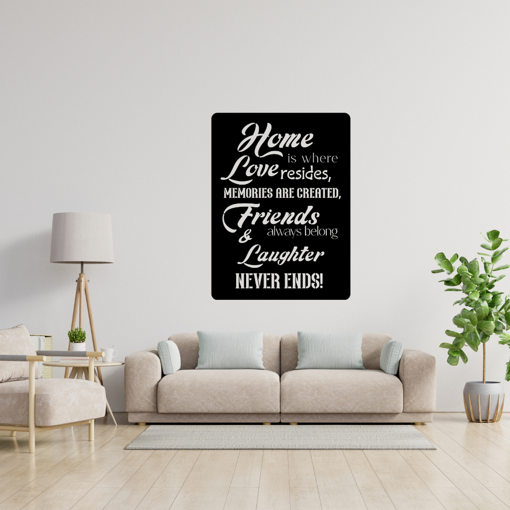 Family quote metal wall art displayed above a modern living room sofa.