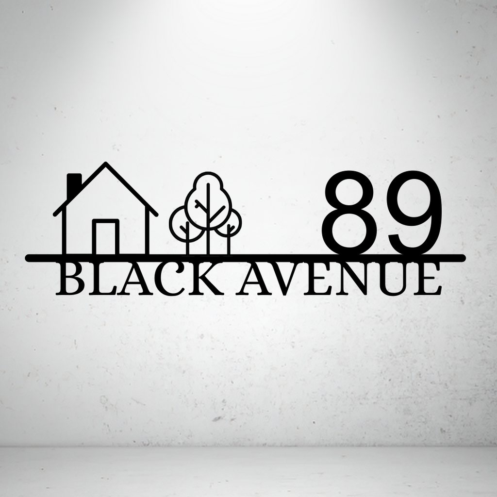 Metal house number sign with minimalist home and tree design on a grey background