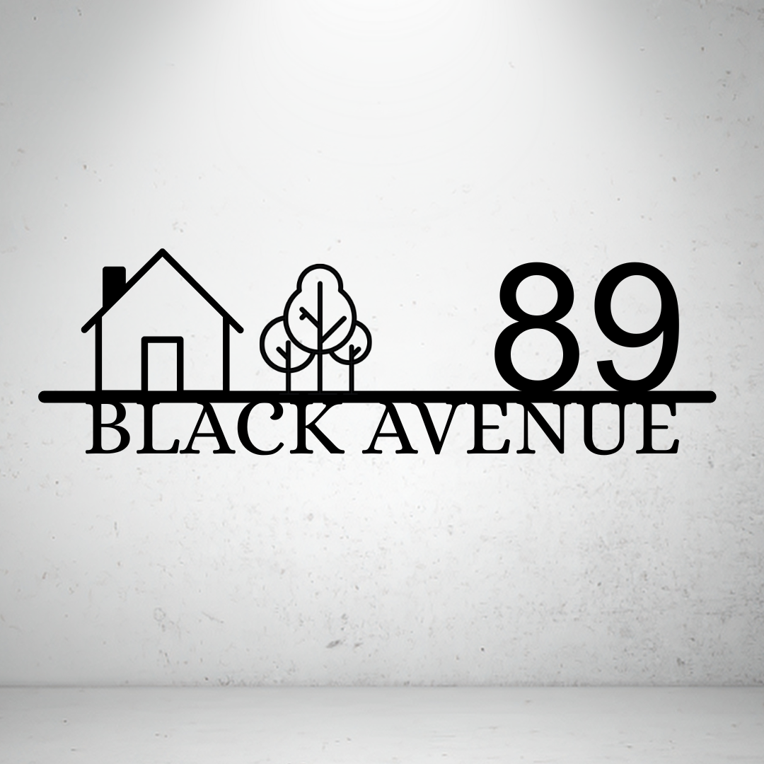 Metal house number sign with minimalist home and tree design on a grey background