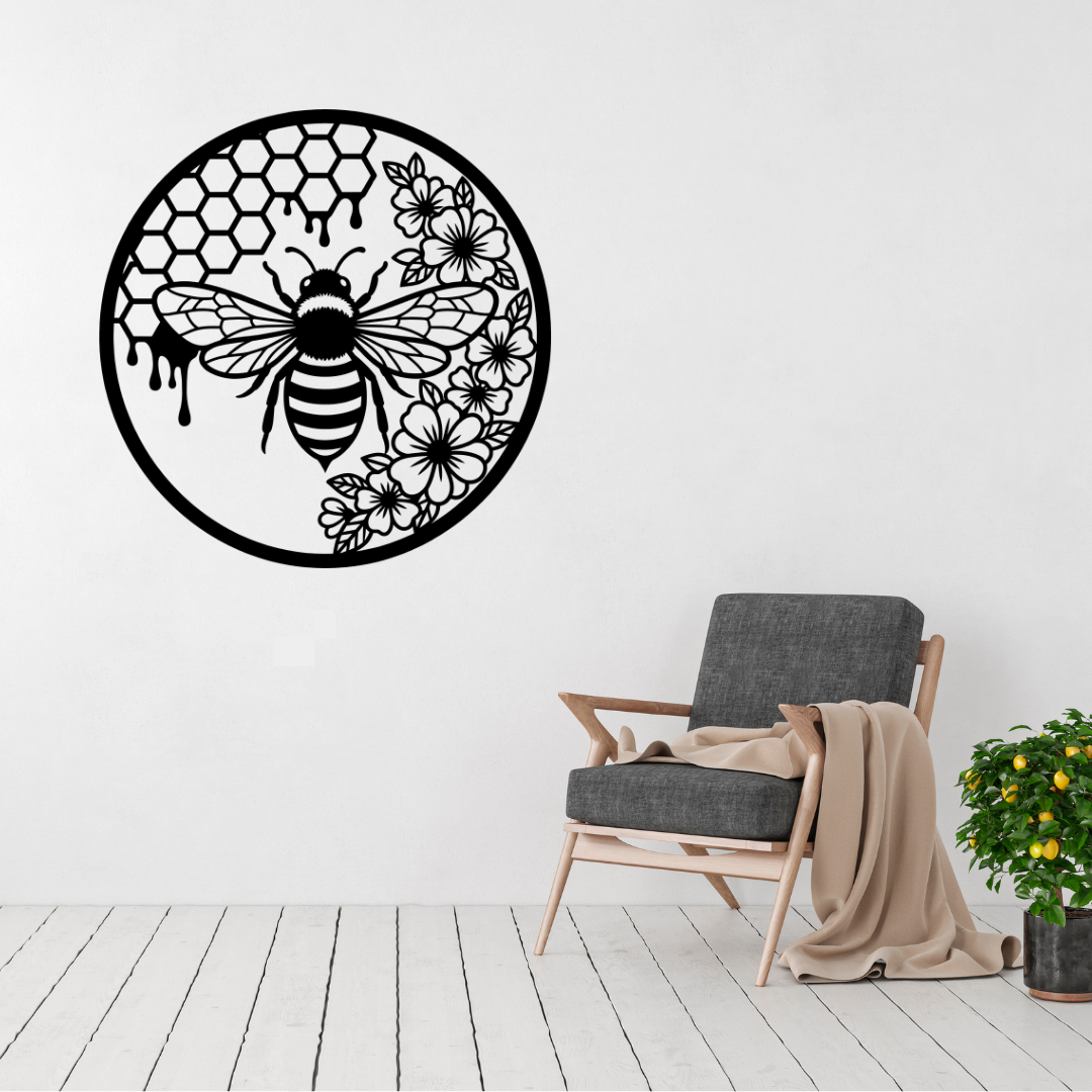 Honey Harvest honeybee and floral metal wall art displayed above a contemporary chair in a modern interior