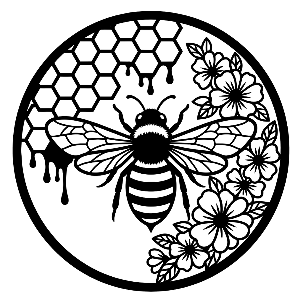 Honey Harvest honeybee and floral metal wall art isolated on a white background showing bee, honeycomb, dripping honey and flowers