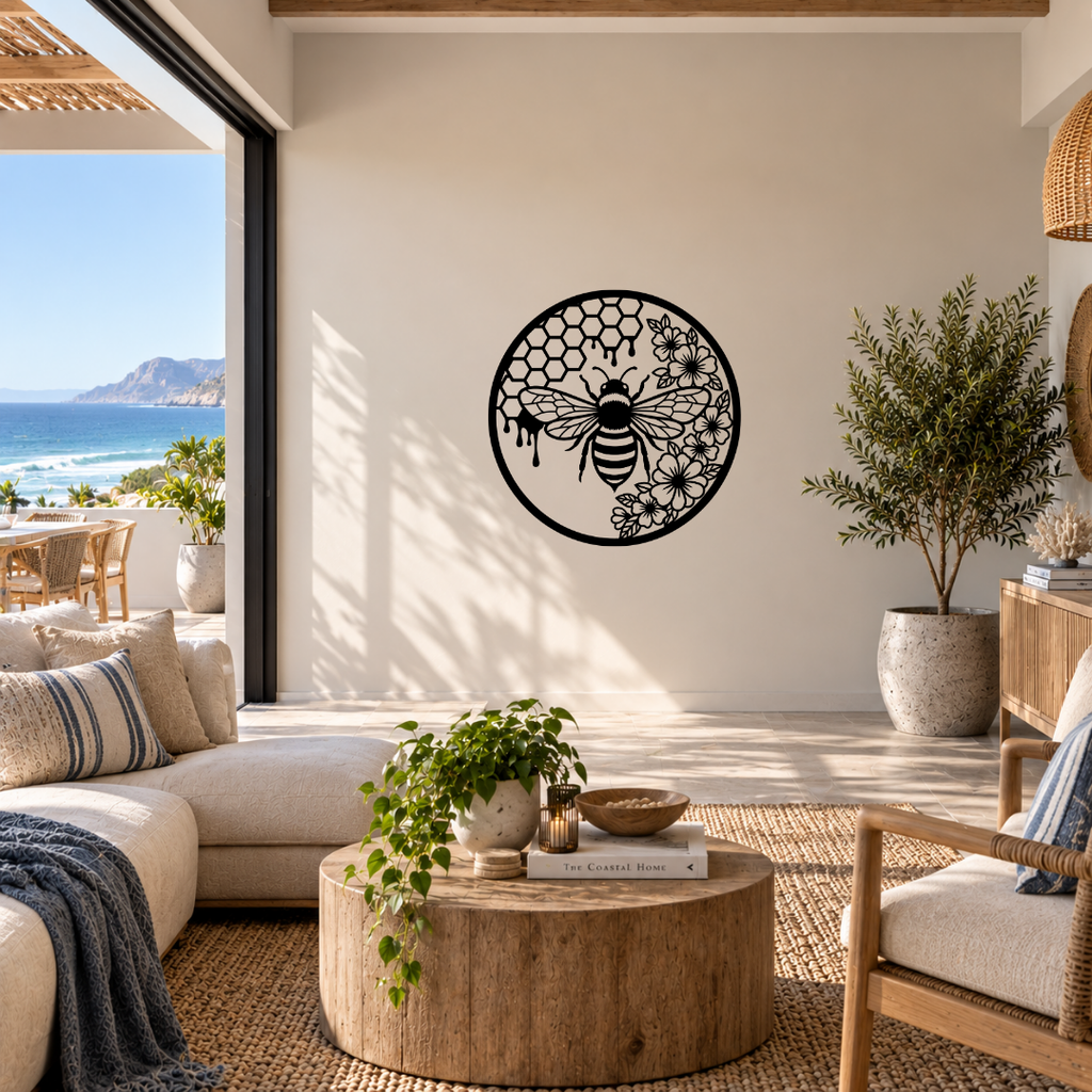 Honey Harvest honeybee and floral metal wall art displayed in a modern room with contemporary interior décor