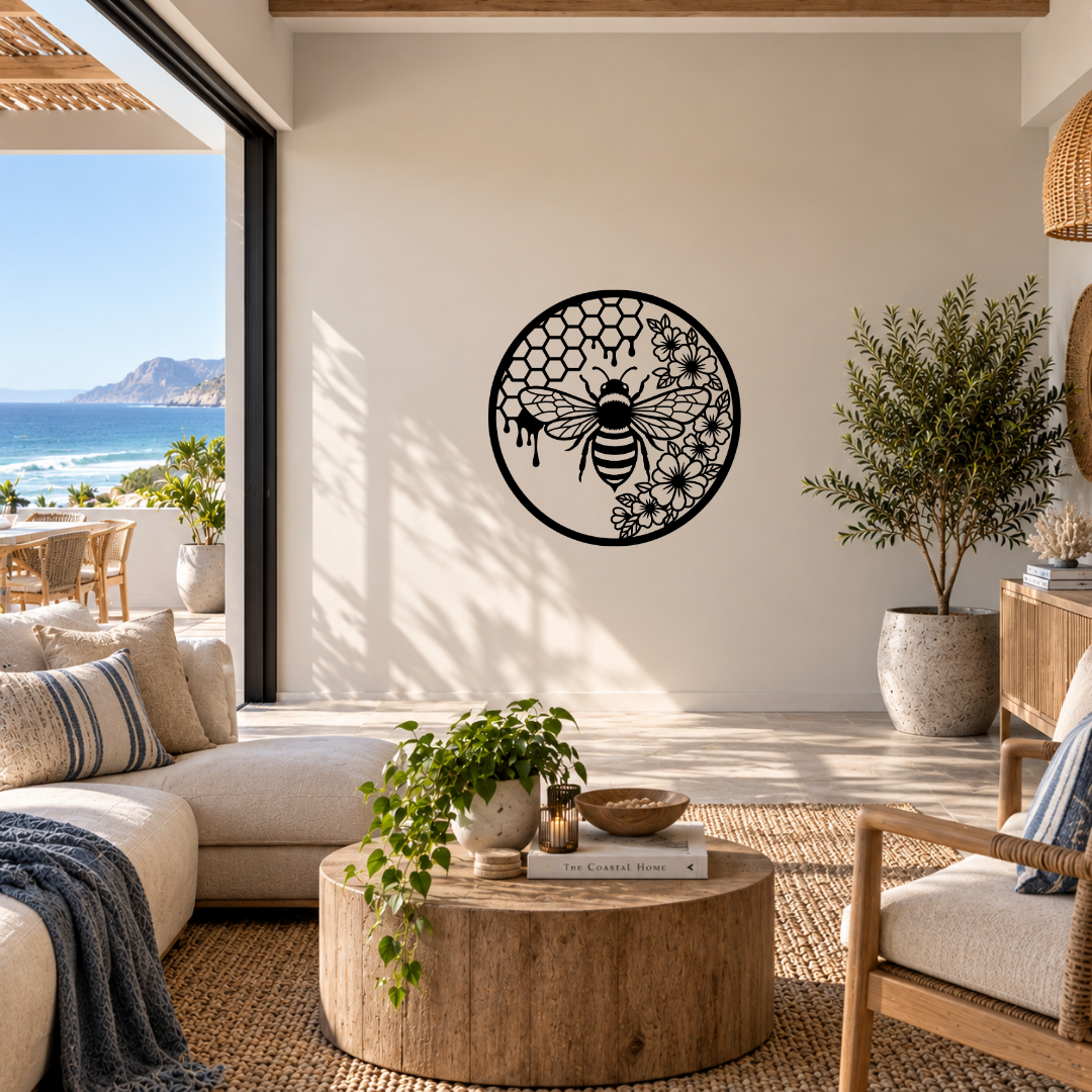 Honey Harvest honeybee and floral metal wall art displayed in a modern room with contemporary interior décor