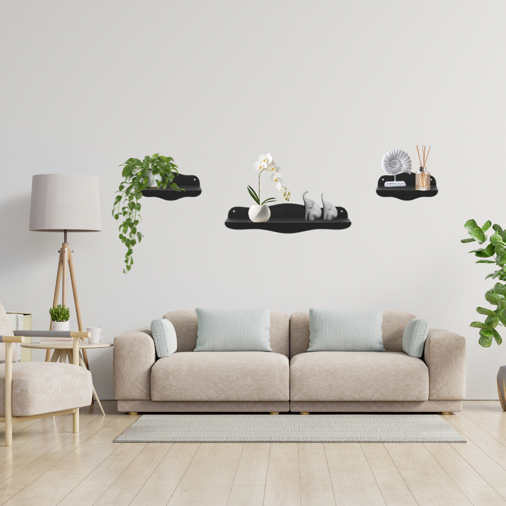 Horizon Shelves arranged as a modern wall display featuring flowing organic curves