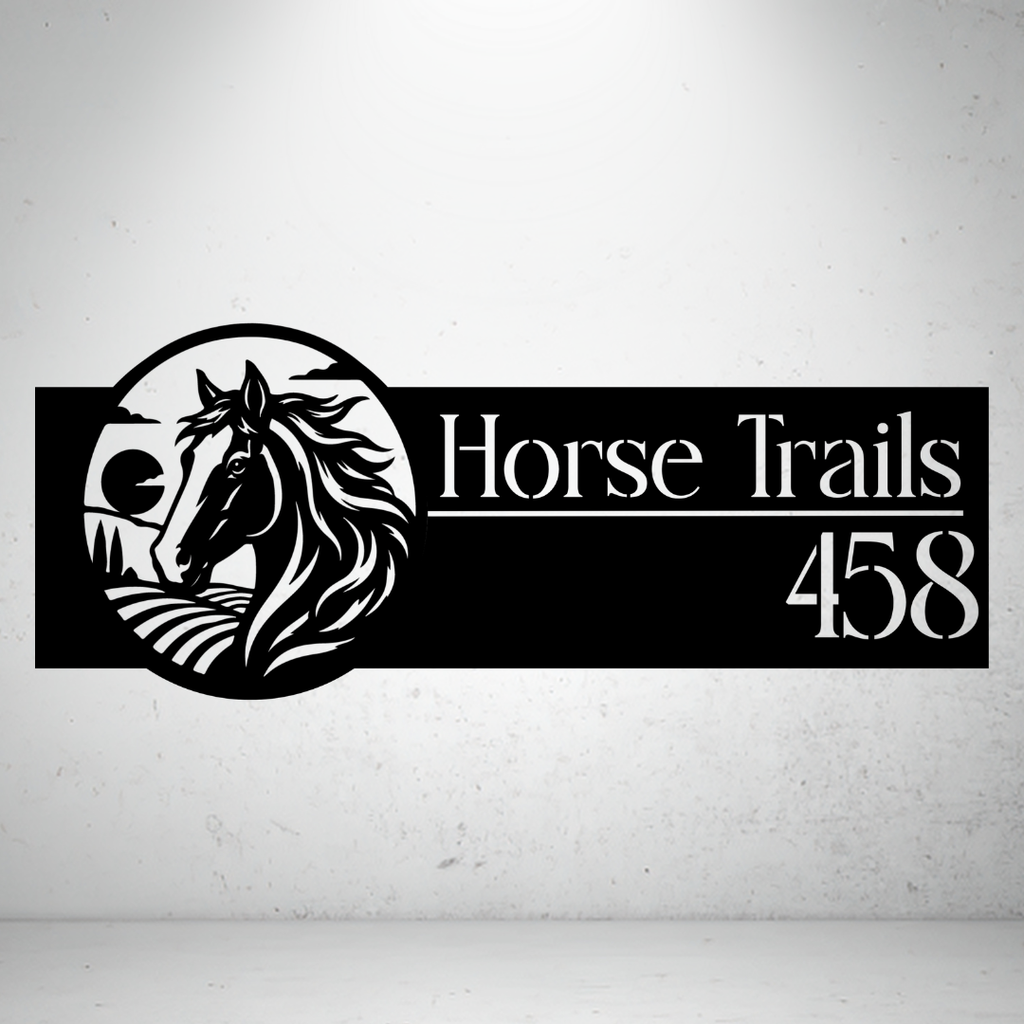 Horse Trails personalised landscape metal house number sign featuring a detailed running horse with a countryside landscape.