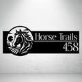Horse Trails personalised landscape metal house number sign featuring a detailed running horse with a countryside landscape.