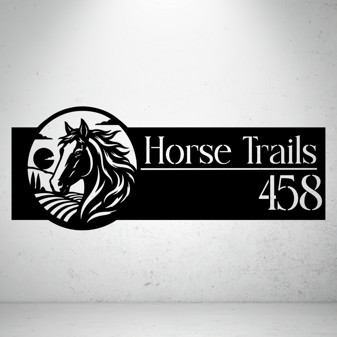 Horse Trails personalised landscape metal house number sign featuring a detailed running horse with a countryside landscape.