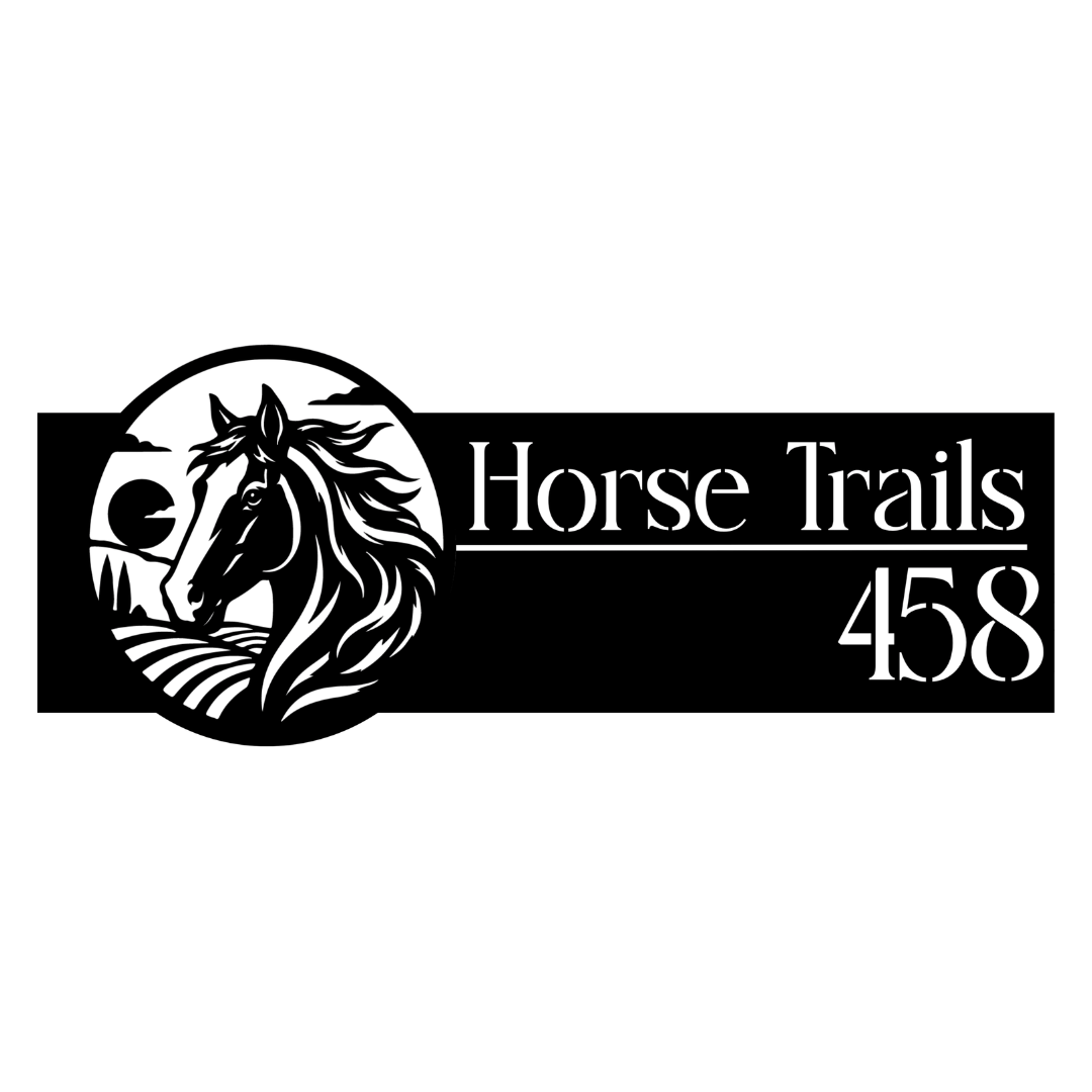 Close-up of the Horse Trails custom laser-cut steel house number plaque with a horse and rural landscape design.