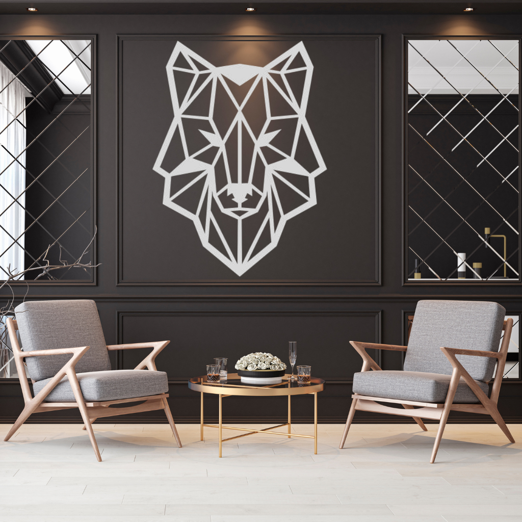 Polygonal wolf metal wall art as a bold statement piece in a luxury interior