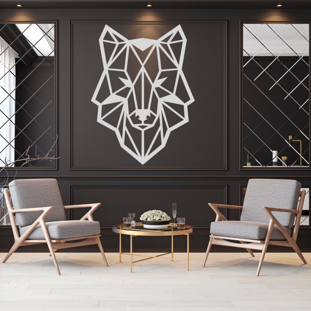 Polygonal wolf metal wall art as a bold statement piece in a luxury interior