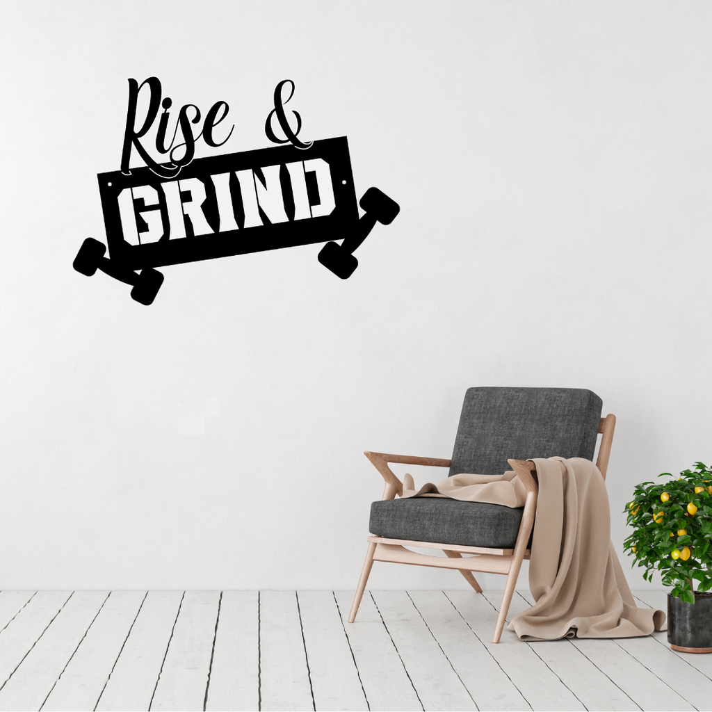 Hustle & Strength | Rise & Grind Metal Wall Art displayed in a modern living room.