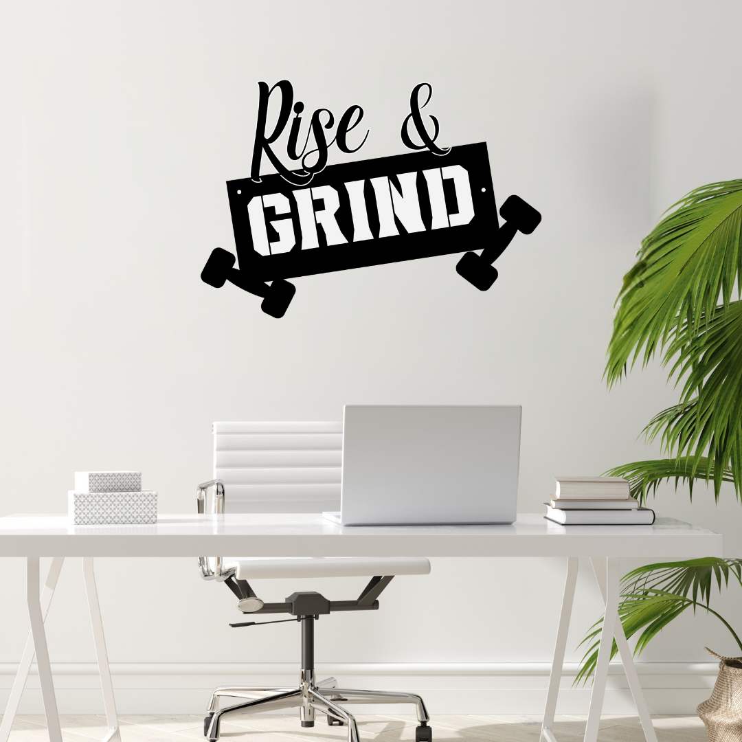 Hustle & Strength | Rise & Grind Metal Wall Art mounted in a stylish home office.