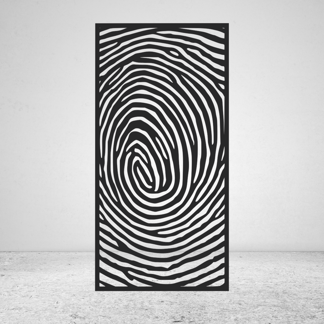 Imprint fingerprint-inspired metal privacy screen with flowing concentric lines and organic swirl pattern