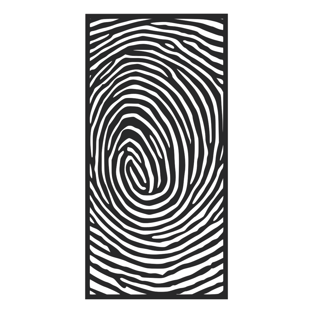 Imprint decorative metal privacy panel isolated on a white background showing its distinctive fingerprint-inspired detailing