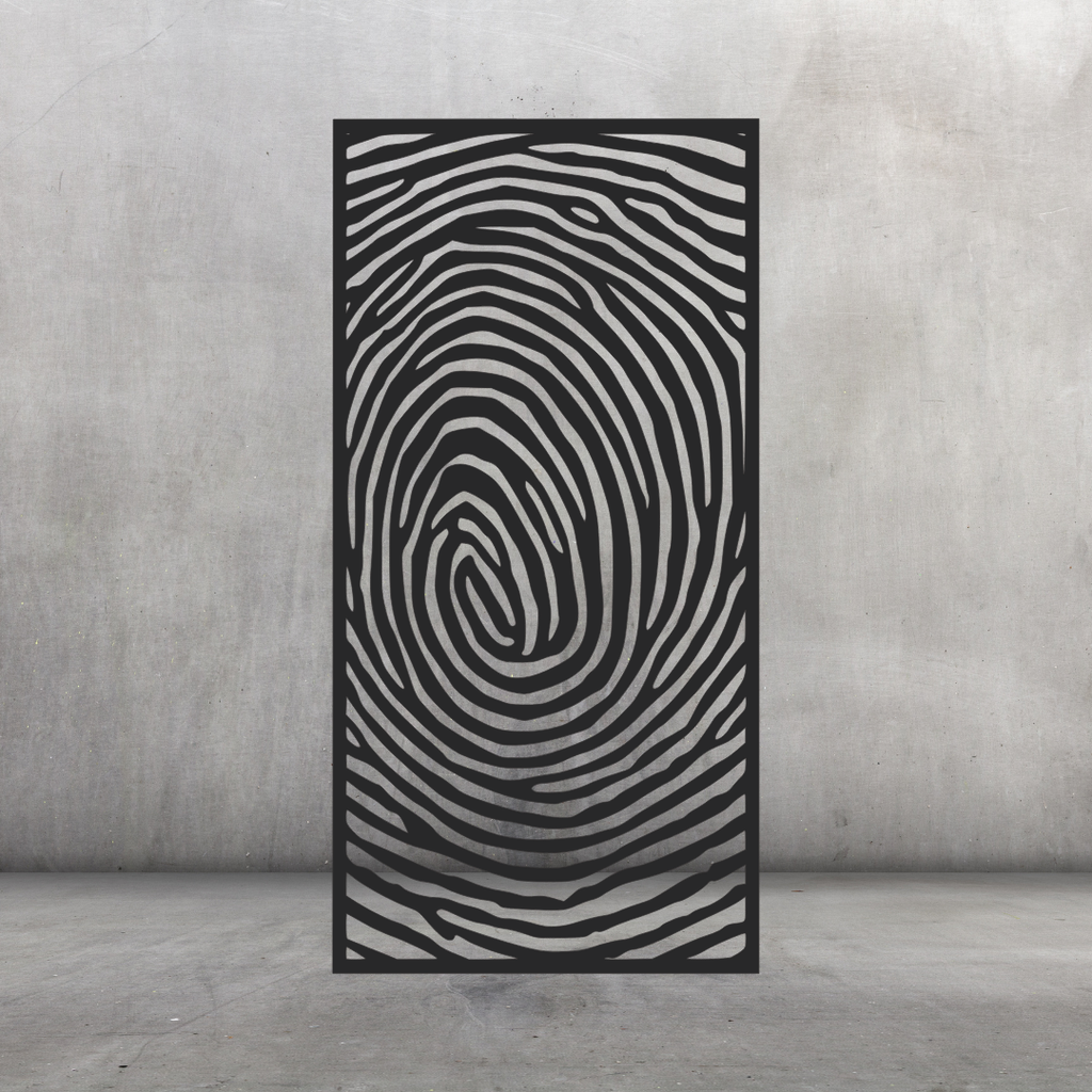 Imprint contemporary metal privacy screen displayed against a dark grey wall with swirling fingerprint pattern