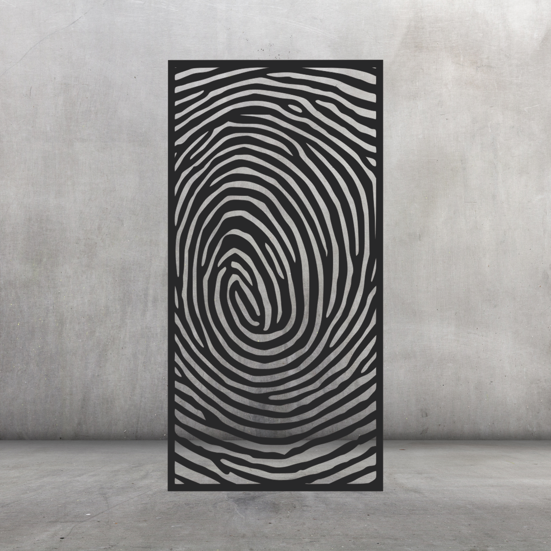 Imprint contemporary metal privacy screen displayed against a dark grey wall with swirling fingerprint pattern