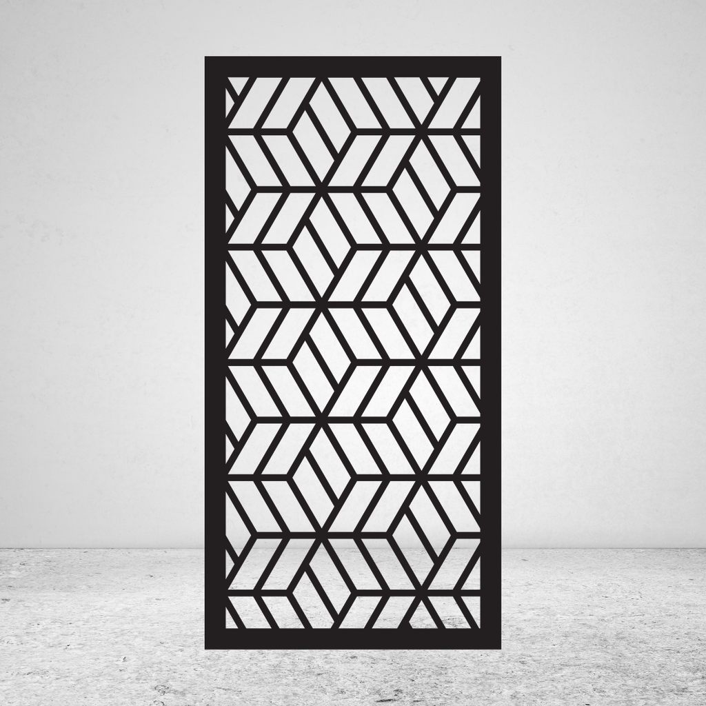 Interlock geometric metal privacy screen with repeating chevron and angular interlocking pattern