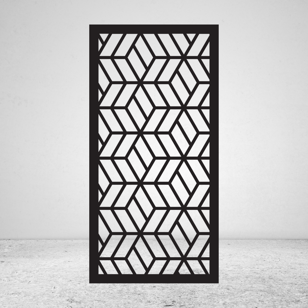 Interlock geometric metal privacy screen with repeating chevron and angular interlocking pattern
