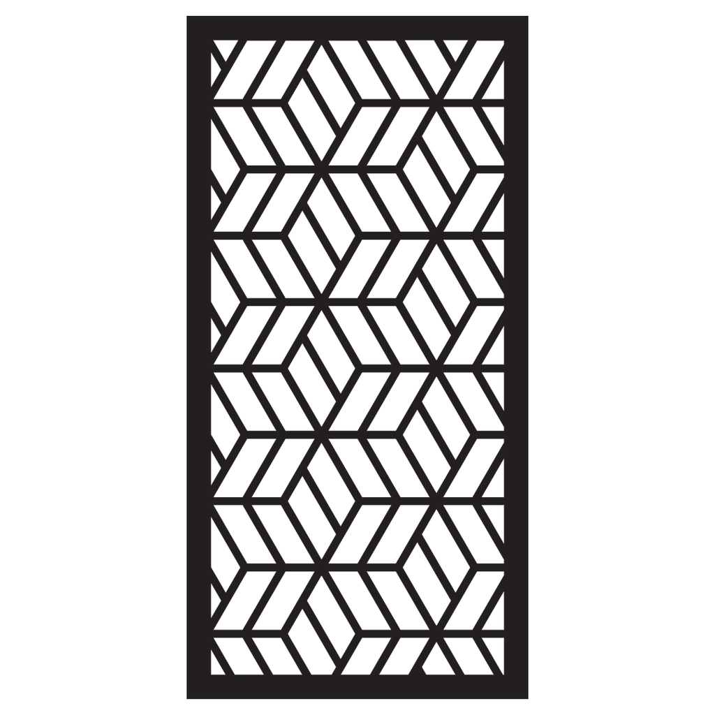 Interlock decorative metal privacy panel isolated on a white background showing its repeating geometric chevron design