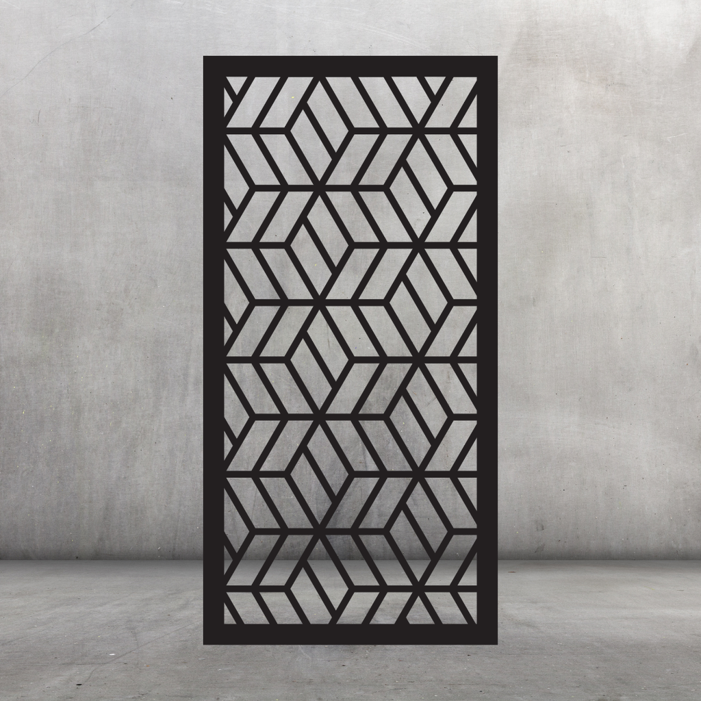 Interlock contemporary metal privacy screen displayed against a dark grey wall with interlocking angular shapes and chevrons