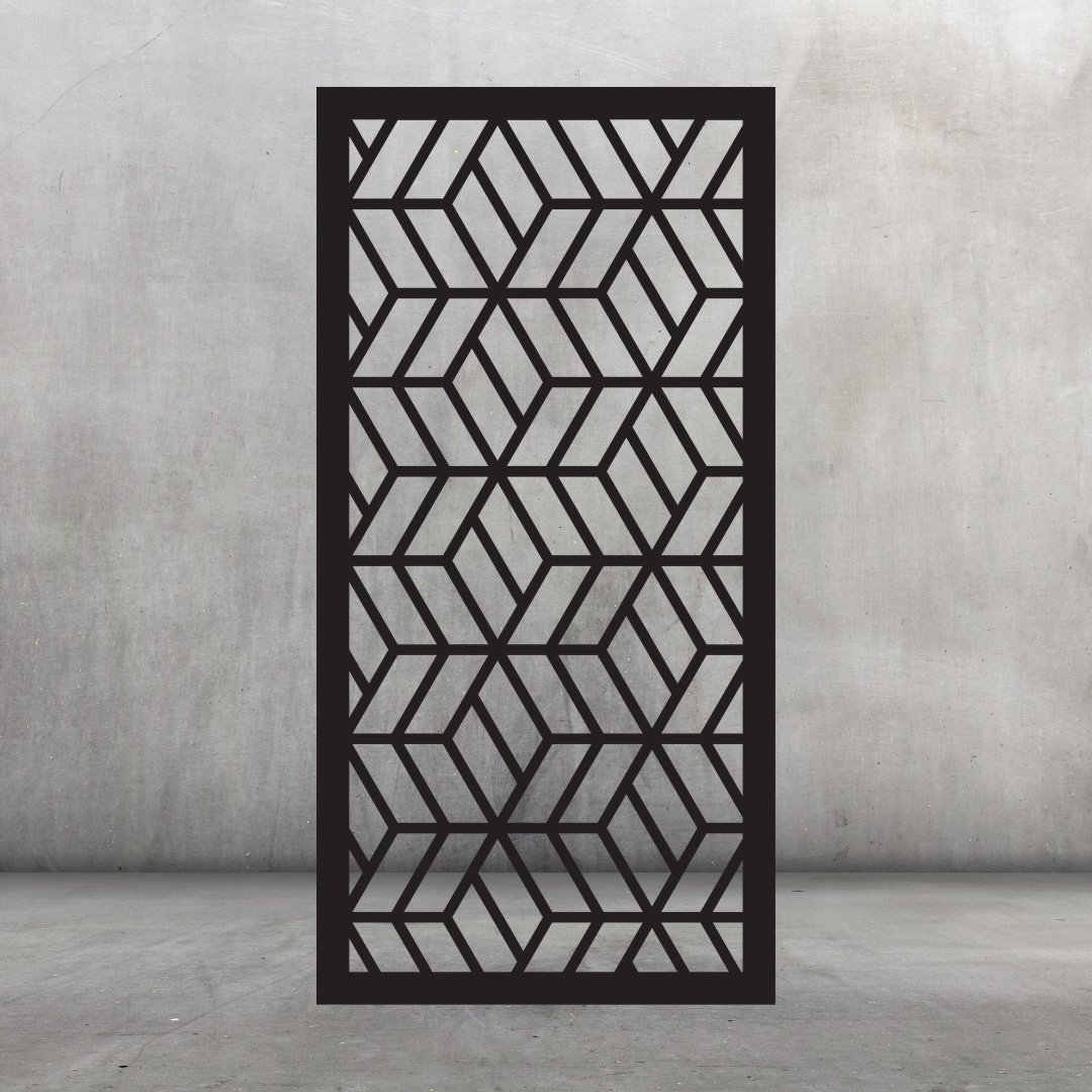 Interlock contemporary metal privacy screen displayed against a dark grey wall with interlocking angular shapes and chevrons