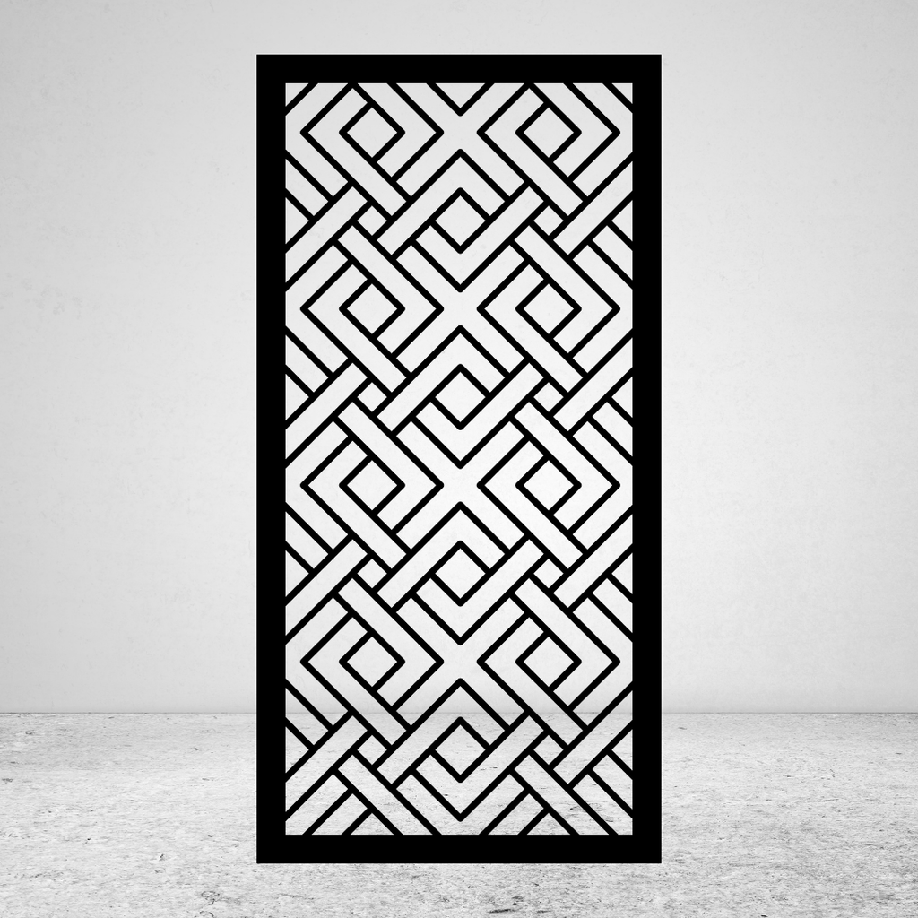 Interwoven Geometry modern geometric metal privacy screen featuring a repeating diamond weave pattern