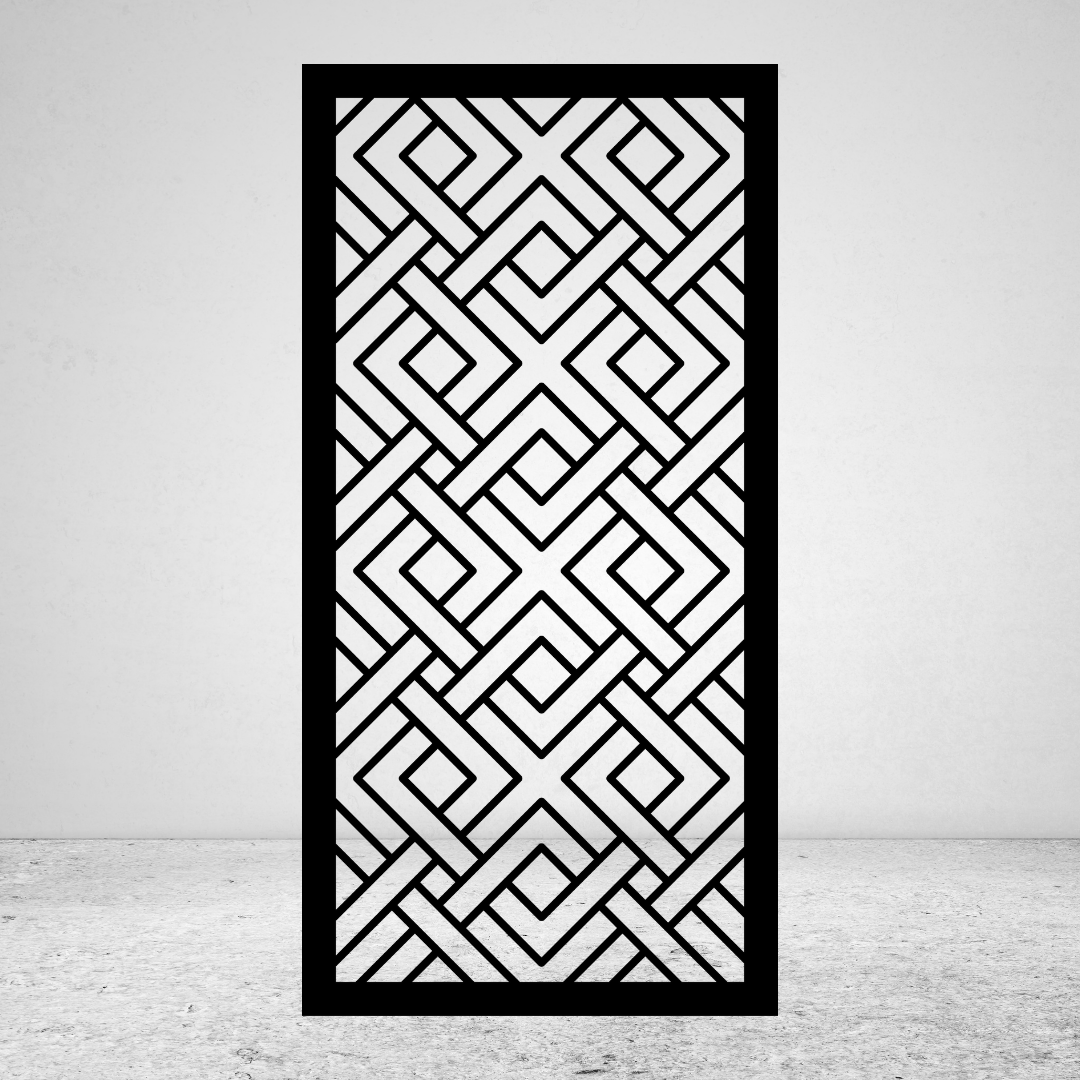 Interwoven Geometry modern geometric metal privacy screen featuring a repeating diamond weave pattern