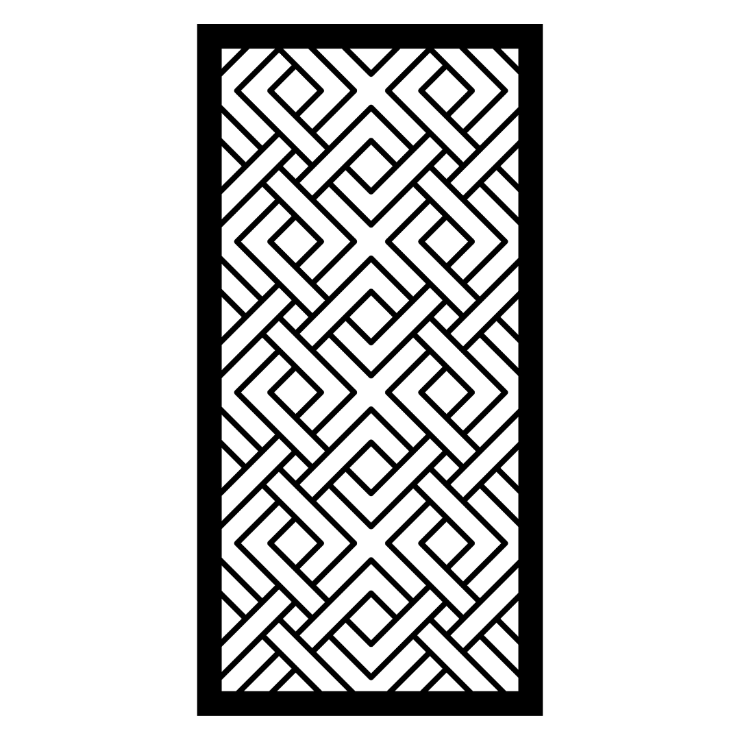 Interwoven Geometry interlocking diamond metal screen panel displayed on a dark background showing the intricate geometric design