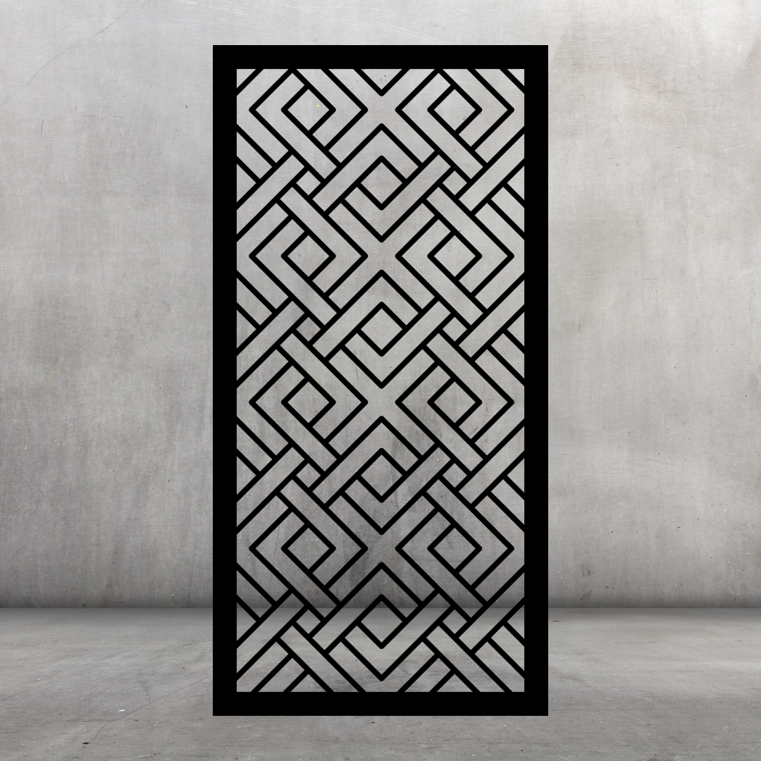 Interwoven Geometry decorative metal privacy panel with contemporary woven lattice pattern for architectural screening