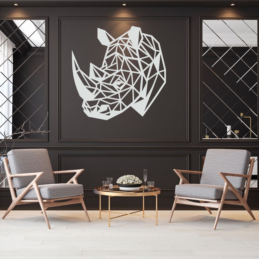 Polygonal rhino metal wall art as a bold statement piece in a luxury interior