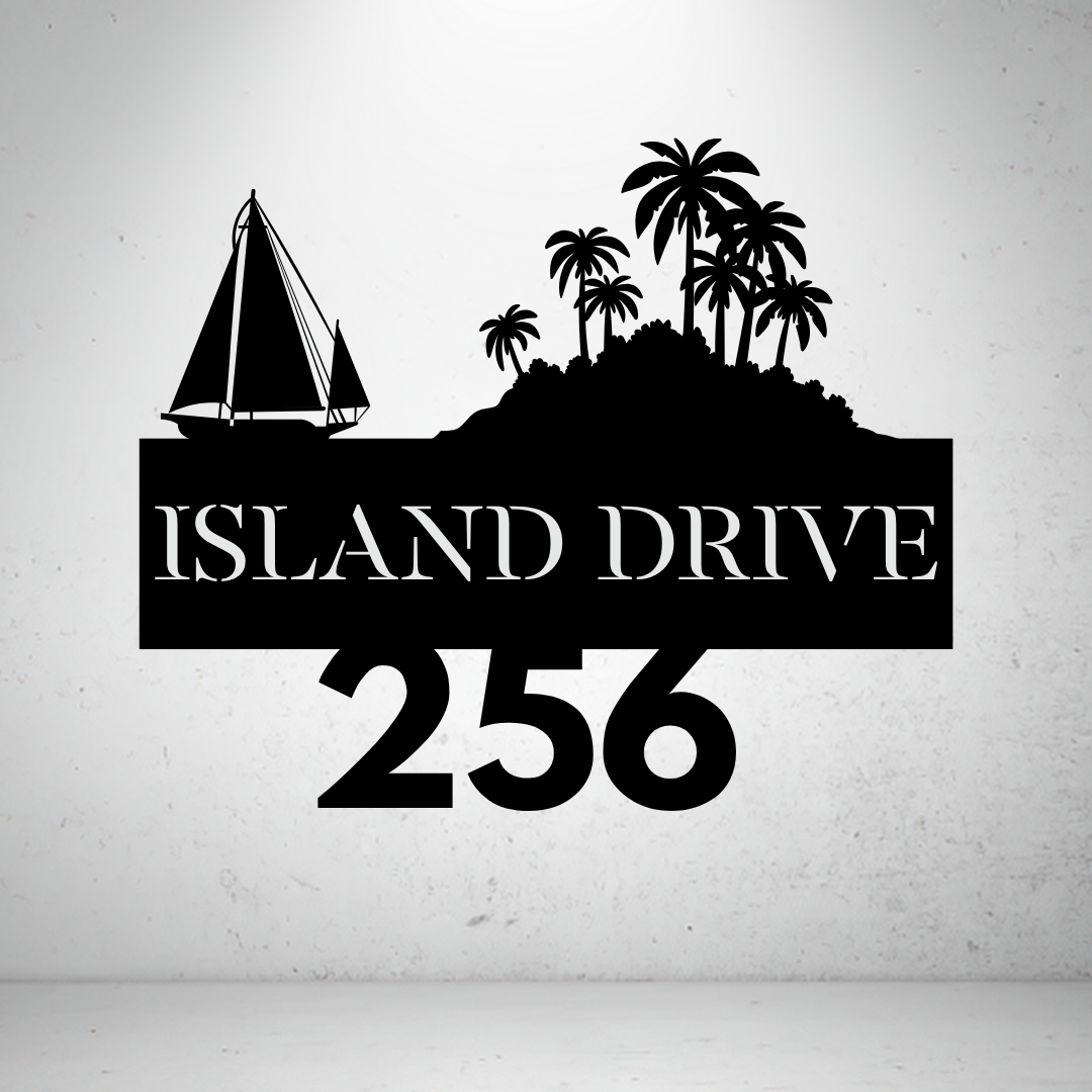 Metal house number sign with sailboat and island design on a grey background
