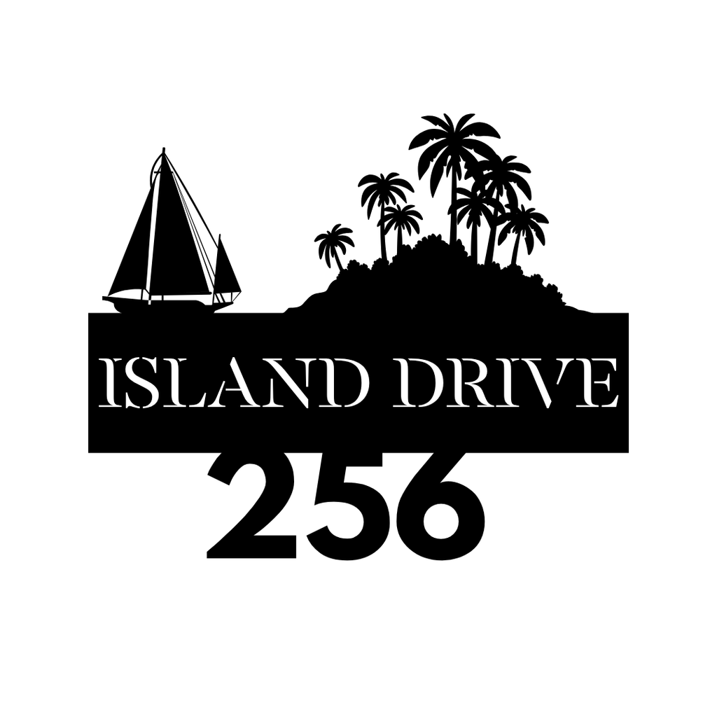Metal house number plaque isolated on a plain white background with coastal theme